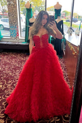 A Line Red Ruffle Tulle Long Prom Dresses with Beading, Beaded Red Formal Evening Dresses A2089