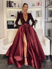 A Line 2024 Sequin Royal Blue Prom Dresses Long Sleeve Winter Formal Dress