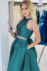 A Line Short Green Halter Neck Prom Dresses, Short Green Halter Neck Graduation Homecoming Dresses