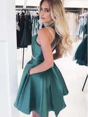A Line Short Green Halter Neck Prom Dresses, Short Green Halter Neck Graduation Homecoming Dresses