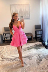 A Line Short Pink Prom Dress Sequin Homecoming Dress V NECK