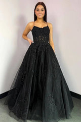 A Line Spaghetti Straps Black Lace Long Prom Dress, Black Lace Formal Graduation Evening Dress A2284