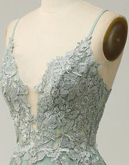 Wholesale A-Line Tulle Spaghetti Straps Appliques Long Prom Dress with Slit prom dresses with long sleeves