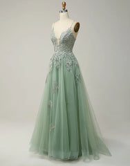 Wholesale A-Line Tulle Spaghetti Straps Appliques Long Prom Dress with Slit prom dresses with long sleeves
