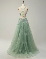 Wholesale A-Line Tulle Spaghetti Straps Appliques Long Prom Dress with Slit prom dresses with long sleeves