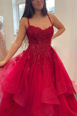 A Line Spaghetti Straps Fluffy Red Lace Long Prom Dress, Red Lace Formal Dress, Long Red Evening Dress A2369