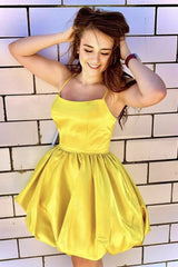 A Line Spaghetti Straps Short Yellow Satin Prom Homecoming Dress, Yellow Formal Graduation Evening Dress