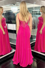 A Line Spaghetti Straps Sweetheart Neck Magenta Lace Long Prom Dress, Long Magenta Formal Graduation Evening Dress A2092