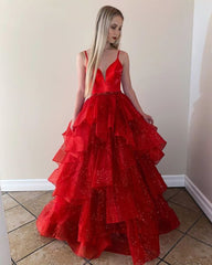 A Line Sparkly Ball Gown Red Prom Dresses 2024 Ruffled Tulle Formal Dress