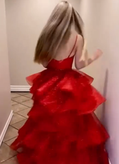 A Line Sparkly Ball Gown Red Prom Dresses 2024 Ruffled Tulle Formal Dress
