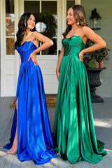 Pleated Strapless Corset Sage Green Satin Prom Dress