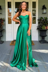 Pleated Strapless Corset Sage Green Satin Prom Dress