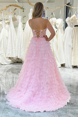 A Line Strapless Pink Lace Ruffle Long Prom Dress, Pink Lace Formal Dress, Pink Evening Dress A2110