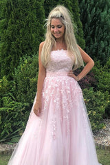 A Line Strapless Tulle Pink Appliques Prom Dress With Beading TP1168