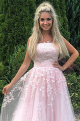 A Line Strapless Tulle Pink Appliques Prom Dress With Beading TP1168