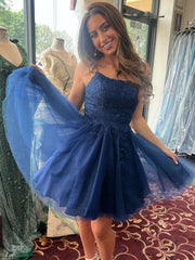A Line Straps Short Navy Blue Lace Prom Dresses, Short Dark Blue Formal Homecoming Dresses