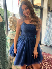 A Line Straps Short Navy Blue Lace Prom Dresses, Short Dark Blue Formal Homecoming Dresses