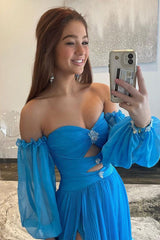 A Line Sweetheart Blue Long Chiffon Prom Dress with Split TP1289