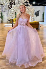 A Line Sweetheart Neck Strapless Pink Lace Long Prom Dress, Pink Lace Formal Graduation Evening Dress A2372