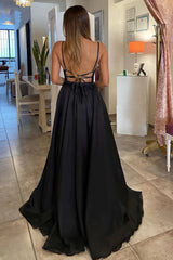 A Line V Neck Backless Black Sequins Long Prom Dresses with High Slit, Long Black Formal Graduation Evening Dresses