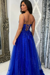 A Line V Neck Backless Royal Blue Lace Long Prom Dress with Leg Slit, Shiny Blue Lace Formal Graduation Evening Dress A2241