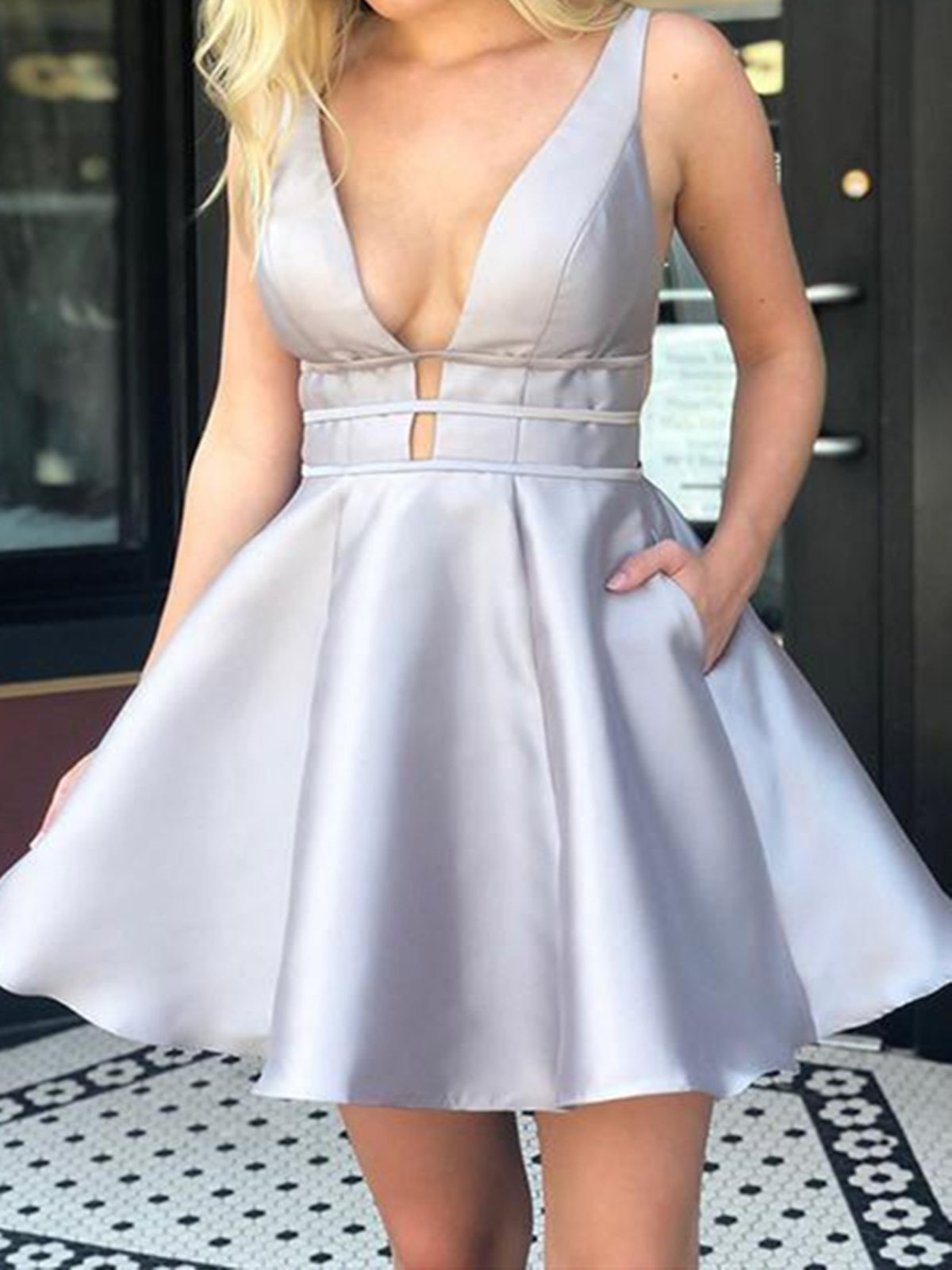 A Line V Neck Backless Short Prom Dresses, Open Back Short Silver Graduation Homecoming Dresses