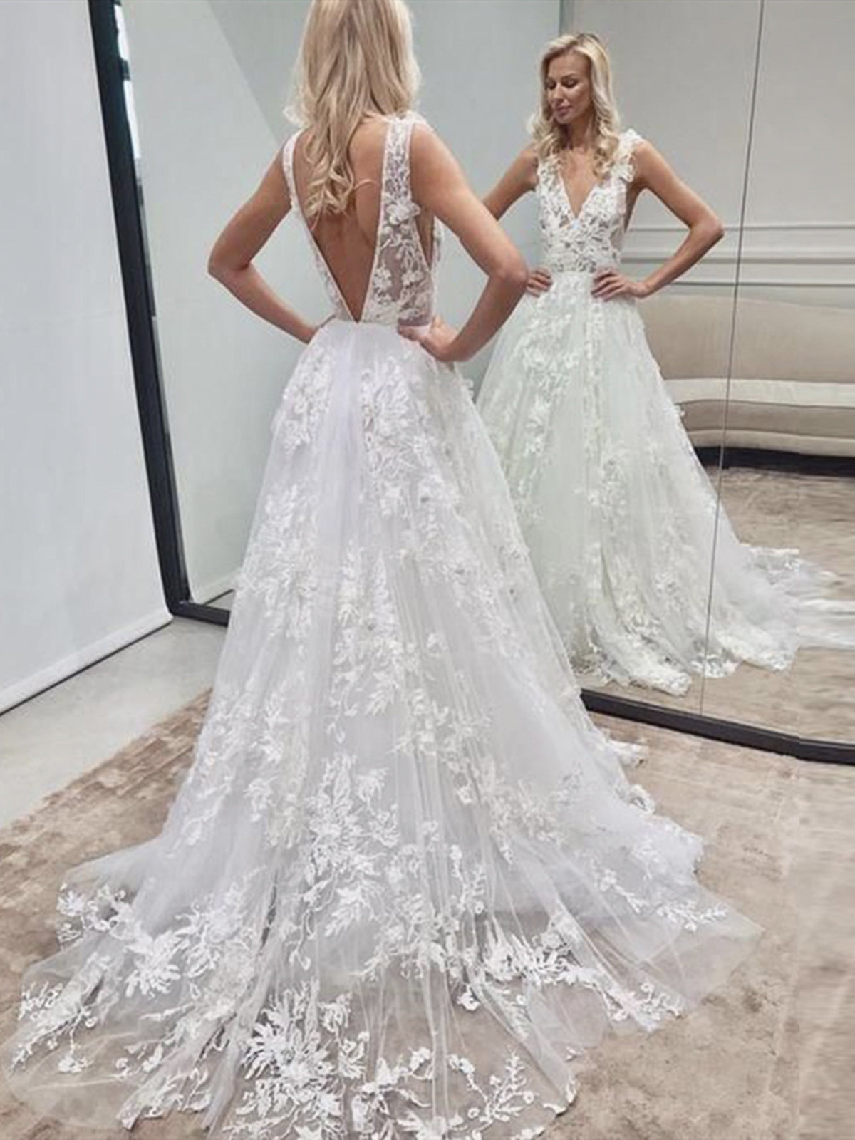 A Line V Neck Backless White Lace Wedding Dresses, White Lace Prom Evening Dresses