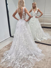 A Line V Neck Backless White Lace Wedding Dresses, White Lace Prom Evening Dresses