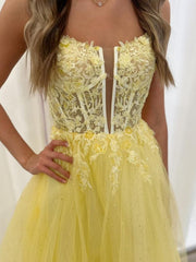 A Line V Neck Backless Yellow Lace Long Prom Dresses, Yellow Lace Formal Dresses, Long Yellow Evening Dresses