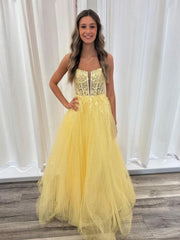 A Line V Neck Backless Yellow Lace Long Prom Dresses, Yellow Lace Formal Dresses, Long Yellow Evening Dresses