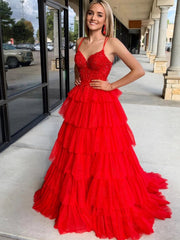 A Line V Neck Beaded Red Lace Long Prom Dresses, Layered Red Lace Formal Dresses, Long Red Evening Dresses