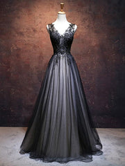 A Line V Neck Black Lace Prom Dresses, Black V Neck Lace Formal Evening Dresses