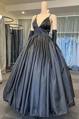 A Line V Neck Black Prom Dresses with Pocket Long Satin Formal Graduation Dress
