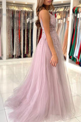 A Line V Neck Blue Tulle Long Prom Dresses Evening Dress With Beading TP1014