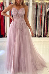 A Line V Neck Blue Tulle Long Prom Dresses Evening Dress With Beading TP1014