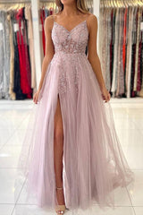 A Line V Neck Blue Tulle Long Prom Dresses Evening Dress With Beading TP1014