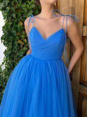 A Line V Neck Blue Tulle Prom Dresses, Tea Length Blue Tulle Graduation Homecoming Dresses