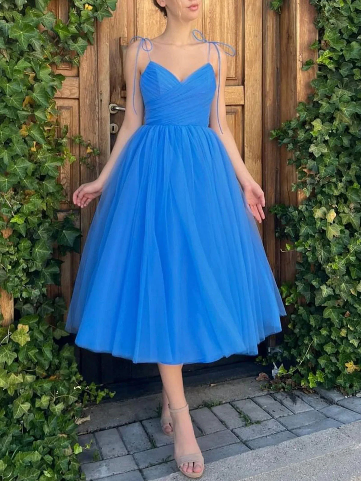 A Line V Neck Blue Tulle Prom Dresses, Tea Length Blue Tulle Graduation Homecoming Dresses