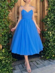 A Line V Neck Blue Tulle Prom Dresses, Tea Length Blue Tulle Graduation Homecoming Dresses