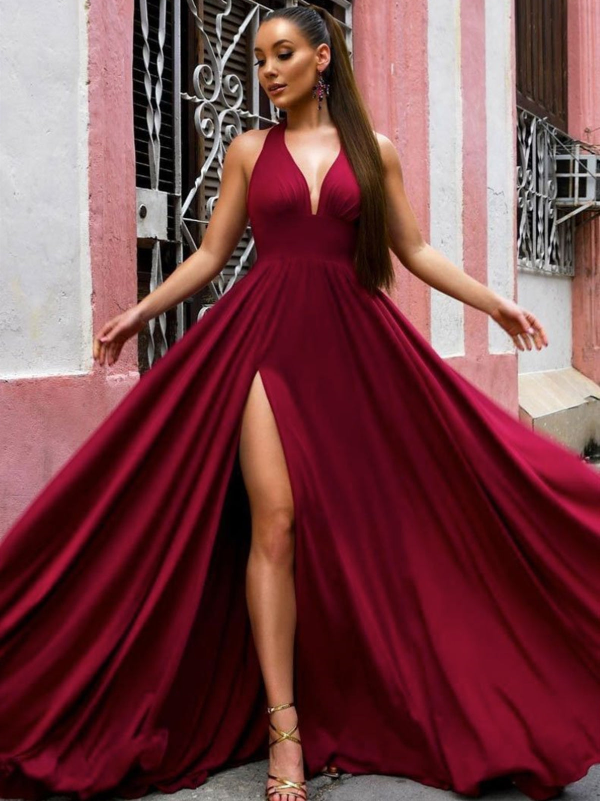 A Line V Neck Burgundy Long Prom Dresses, Burgundy V Neck Long Formal Bridesmaid Dresses