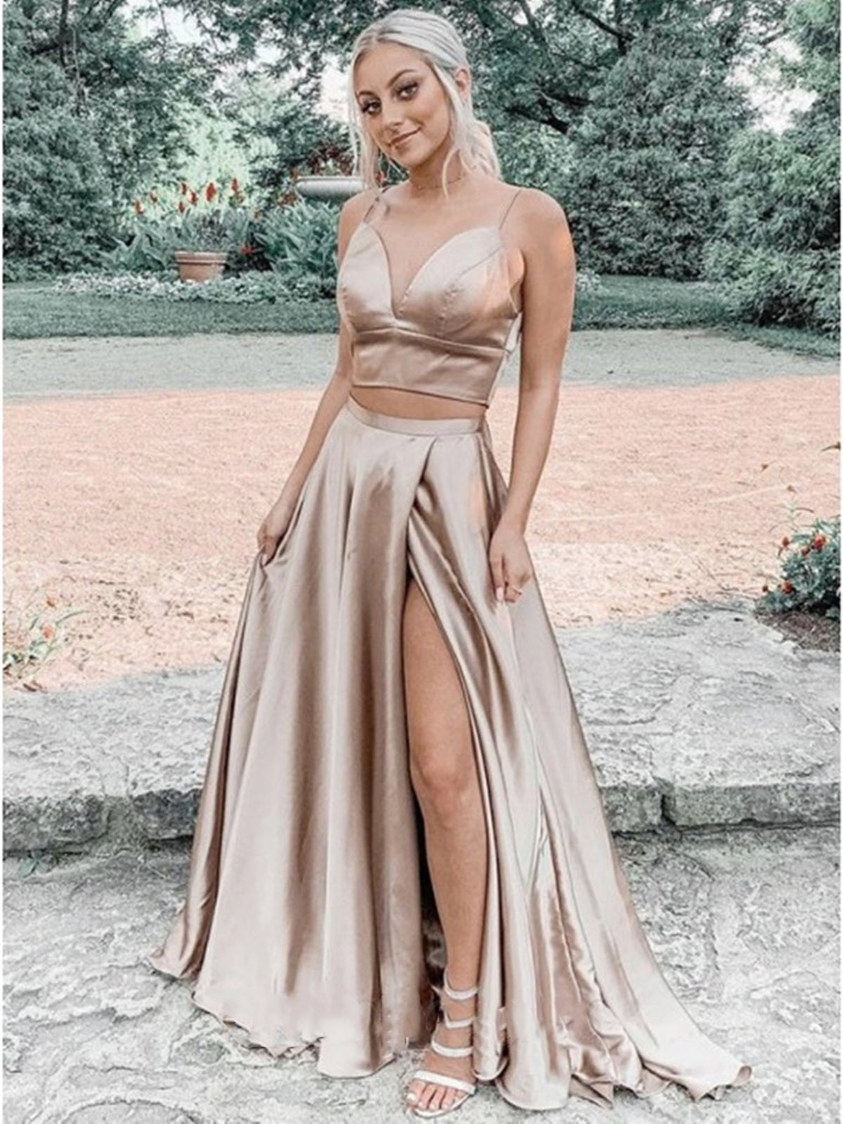 A Line V Neck Champagne Two Pieces Prom Dresses, 2 Pieces Champagne Long Formal Evening Dresses