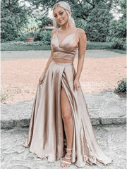 A Line V Neck Champagne Two Pieces Prom Dresses, 2 Pieces Champagne Long Formal Evening Dresses