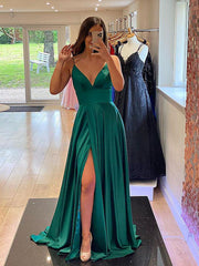 A Line V Neck Emerald Green Satin Prom Dresses,  Emerald Green V Neck Formal Graduation Dresses