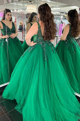 A Line V Neck Green Lace Long Prom Dresses, Green Lace Formal Dresses, Long Green Evening Dresses