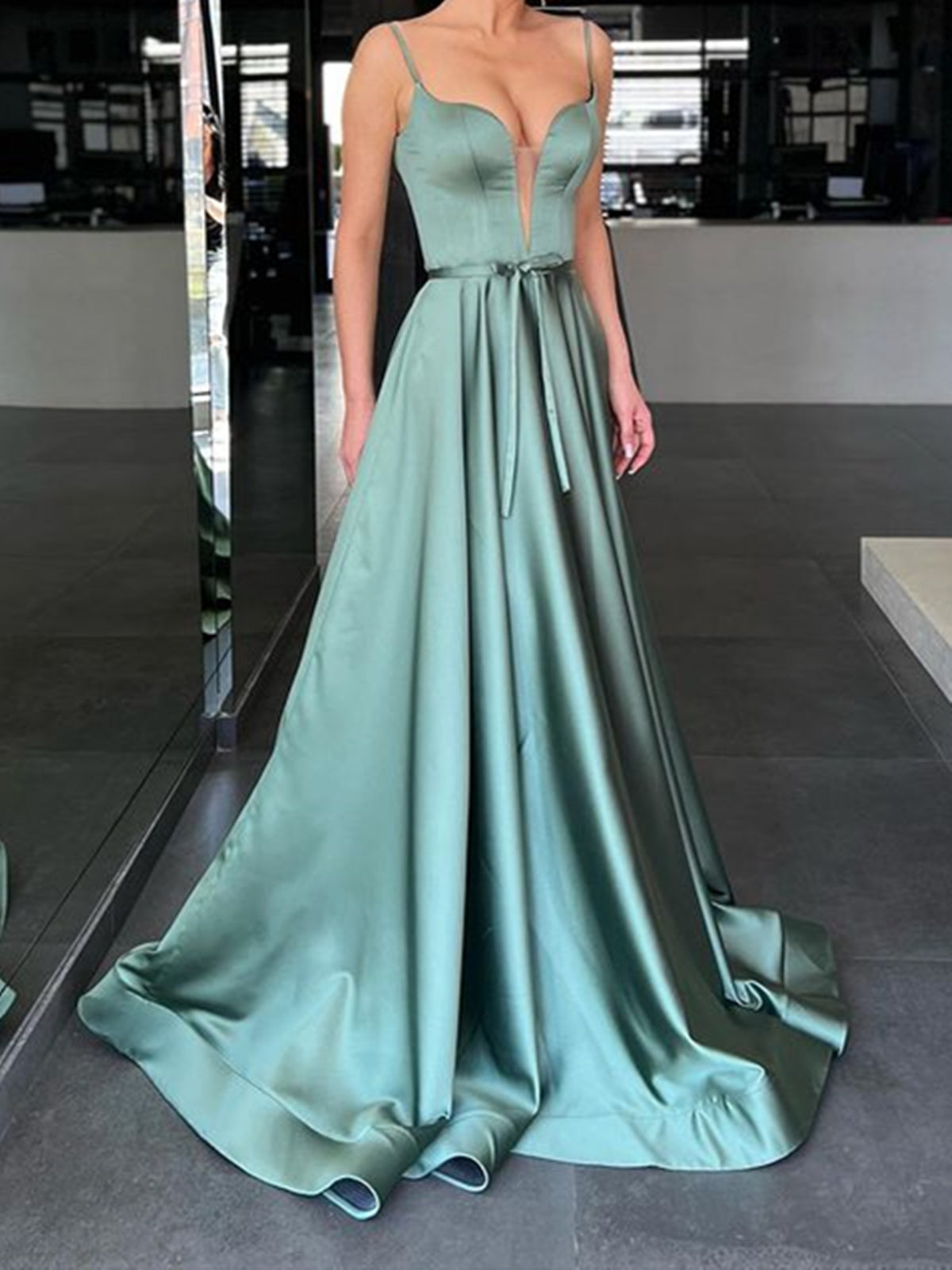 A Line V Neck Green Long Prom Dresses, Green Long Formal Evening Dresses