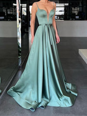 A Line V Neck Green Long Prom Dresses, Green Long Formal Evening Dresses