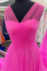 A Line V Neck Hot Pink Tulle Long Prom Dress, Long Hot Pink Formal Graduation Evening Dress
