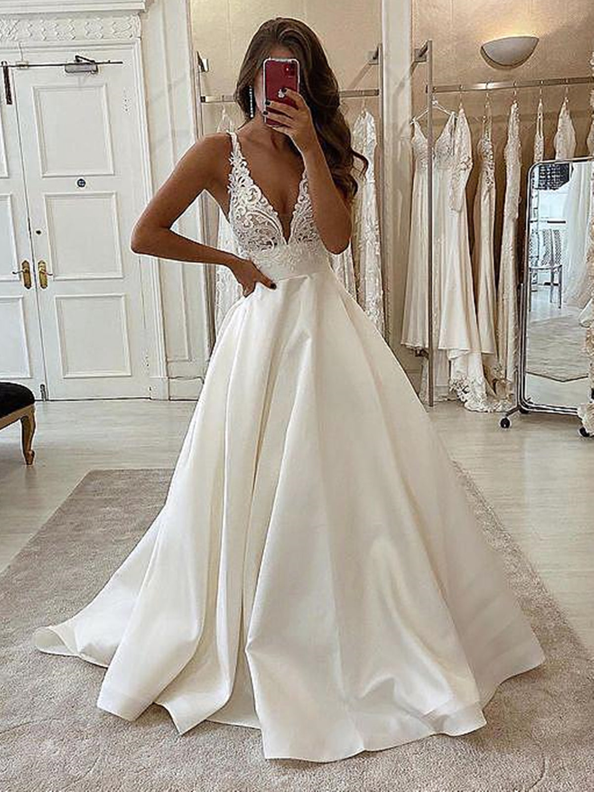A Line V Neck Ivory Lace Wedding Dresses, Ivory Lace Bridal Prom Dresses