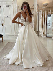 A Line V Neck Ivory Lace Wedding Dresses, Ivory Lace Bridal Prom Dresses