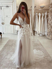 A Line V Neck Ivory Lace Wedding Dresses, Ivory Lace Formal Prom Dresses